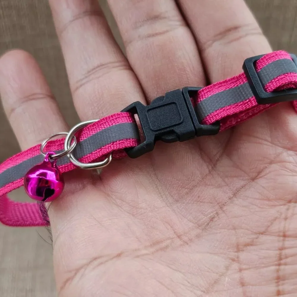 Cat Collar W/ Bell Pink/Gray Reflective Nylon Cat Safety Collar Size Adjust